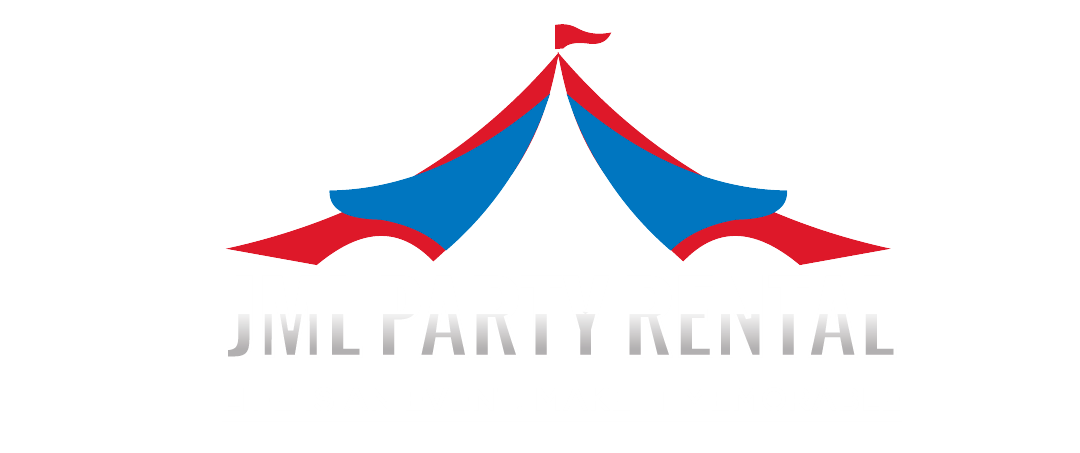 Colorful party tent logo with text below.