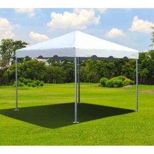 White outdoor canopy tent set up on green lawn under blue sky.