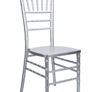 A sleek silver metal chair with a cushioned seat and decorative backrest.