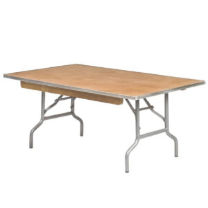 Rectangular folding table with wooden top and metal legs.