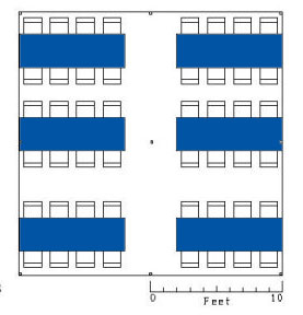 Blueprint of a conference room with table and chair arrangements.