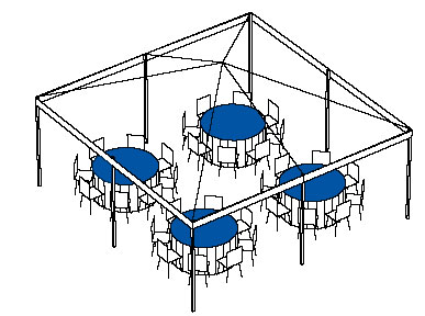 A diagram of tables and chairs arranged under a canopy structure.