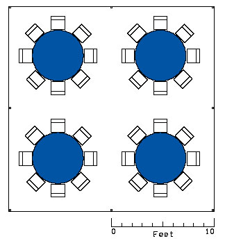 Blueprint of four round tables with eight chairs each.