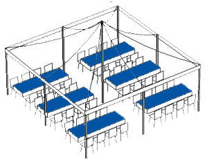 Diagram of a tent canopy setup with tables and benches underneath.