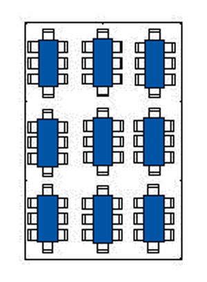 Top-down office layout with desks and chairs arranged in six rows.