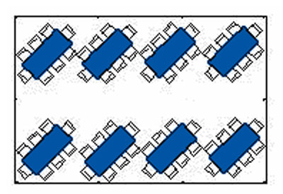Pattern of blue tables with white chairs arranged diagonally.