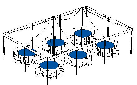 3D model of a tent setup with round tables and chairs arranged inside.