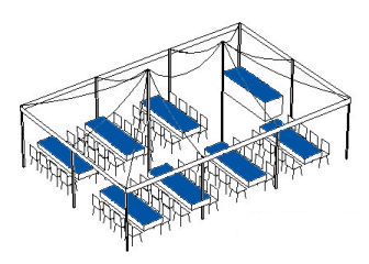 A classroom layout with desks and blue dividers under a canopy.