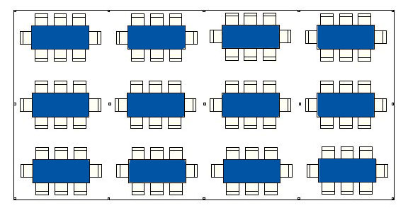 Seating layout with six tables and surrounding chairs.