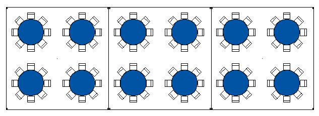 Floor plan showing four round tables each with eight chairs arranged around.