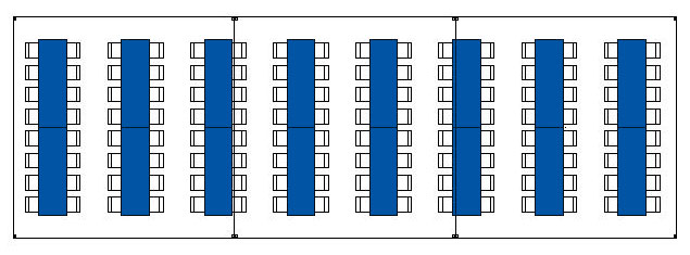 Top-down view of a room layout with tables and chairs arranged in rows.