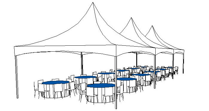 Event tent setup with round tables and blue chairs.