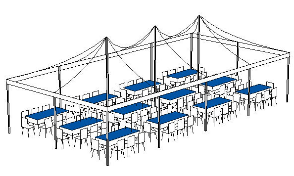 Outdoor seating area with blue tables and chairs under string lights.