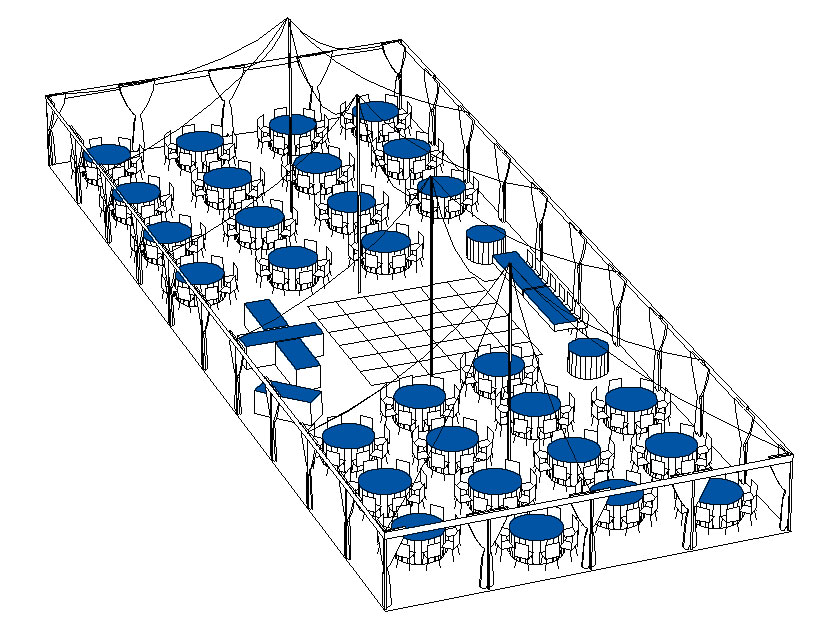 Wedding reception setup with round tables and a sweetheart table under a tent.