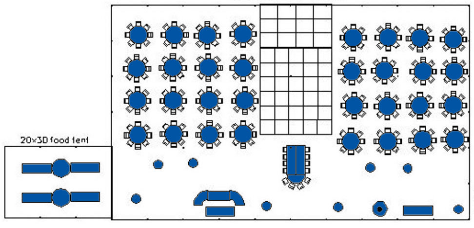 Blueprint of a large conference room with multiple round tables and a stage.