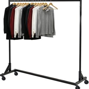 A black metal clothing rack with wheels holding various hanging garments.