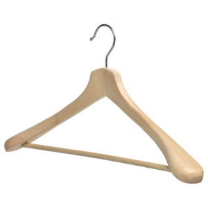 A wooden clothes hanger with a metal hook.